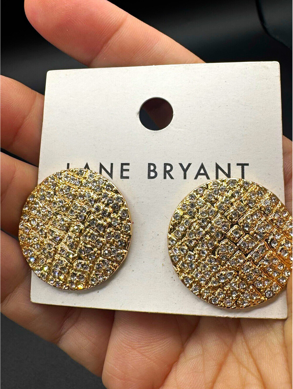 Lane Bryant Gold Tone Round Pavé Clear Rhinestone Clip-On Stud Earrings NWT Glam